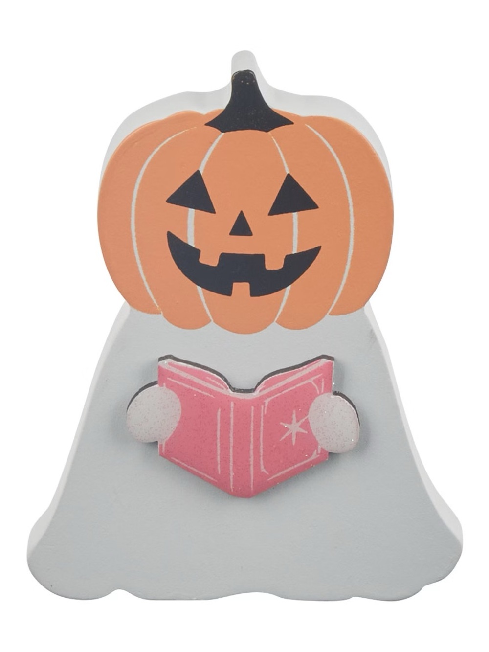Orange Pumpkin Jack-O'-Lantern Ghost Figurine with Pink Book